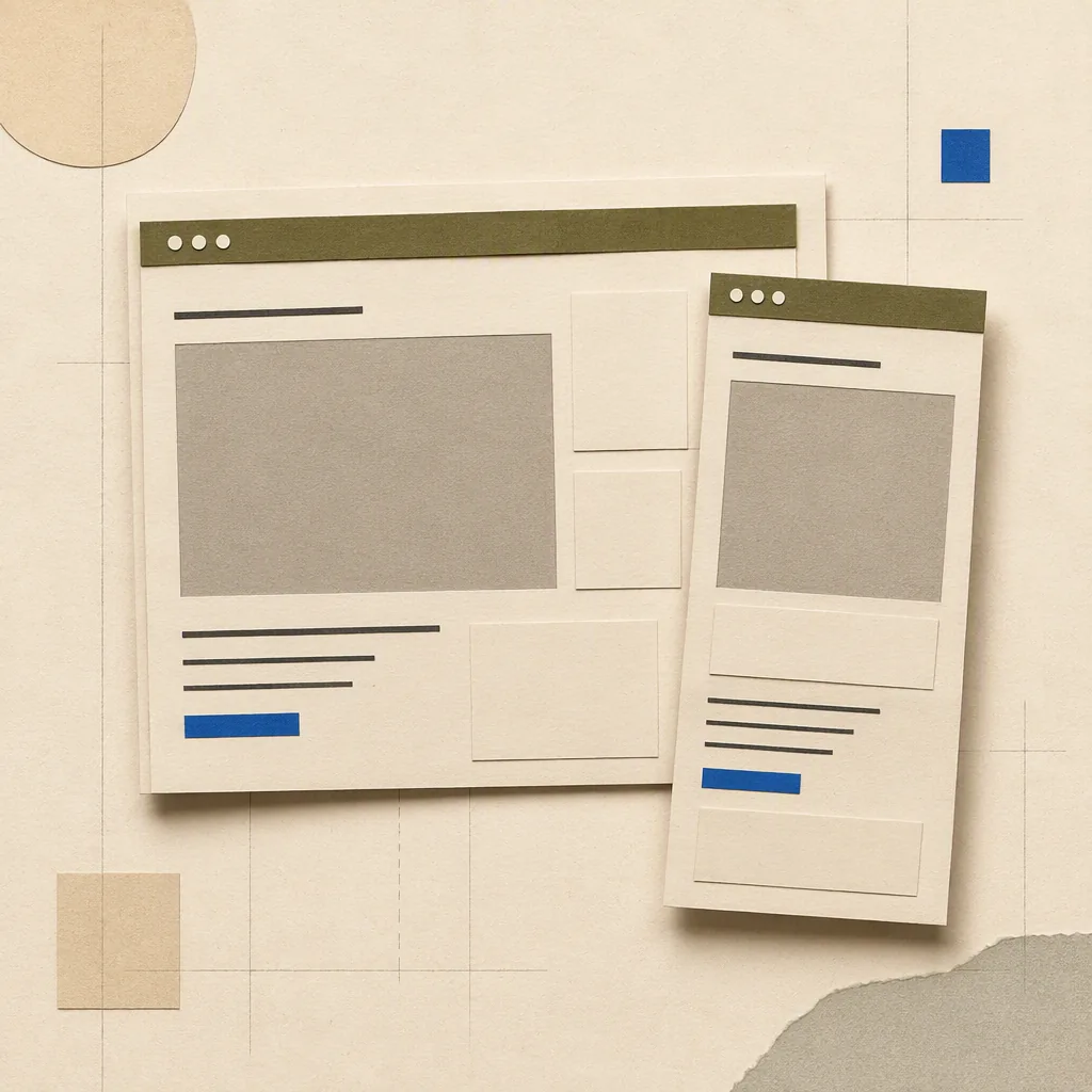 Paper browser layouts in olive and beige representing a desktop page and a narrower mobile page